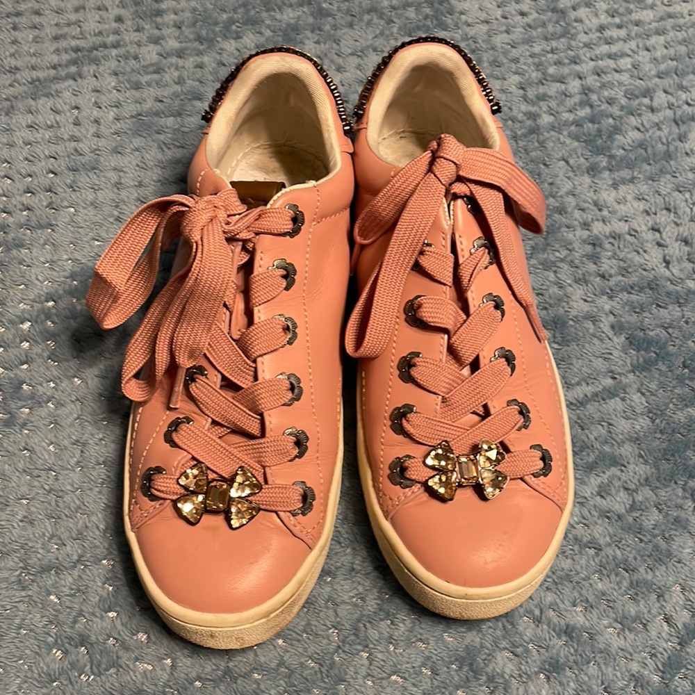 Coach C101 sneakers, Peony pink with Crystal bow and Crystal accents on back. 9